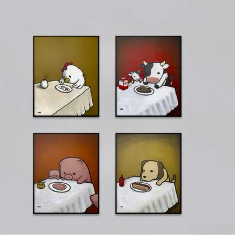 The Revenge Art Set of Four by Luke Chueh Chicken Pig Dog Cow Eyes on Walls